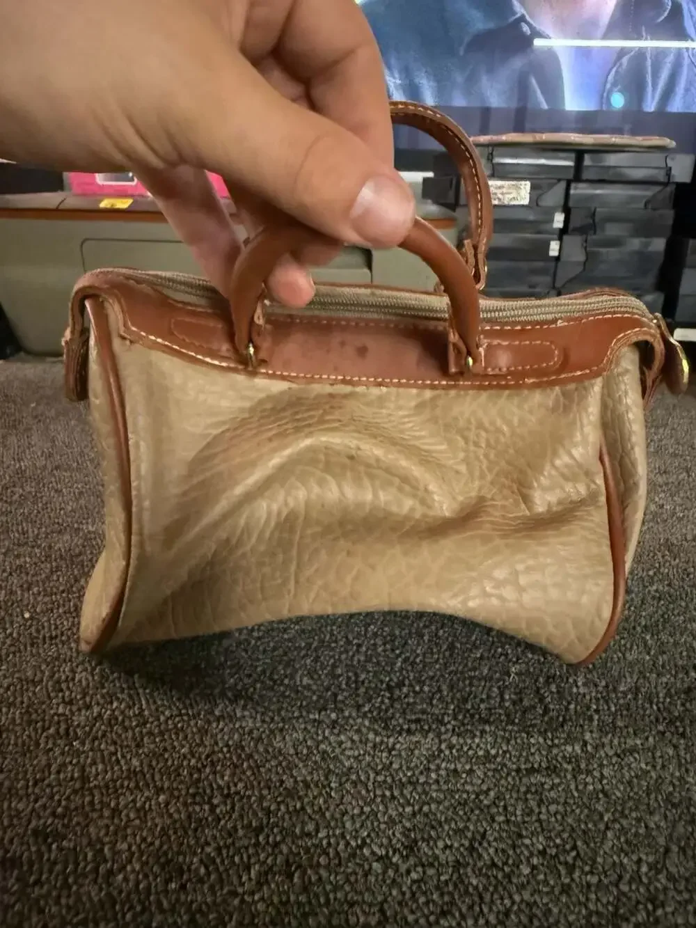 La Mode De Saison Vintage Taupe and Brown Leather Barrel Satchel Handbag
